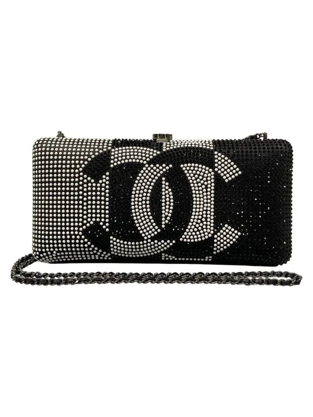 Chanel Shoulder Bag Black White Chain Silver Kiss Lock Strass CC Minadiere